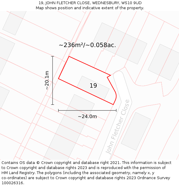 19, JOHN FLETCHER CLOSE, WEDNESBURY, WS10 9UD: Plot and title map