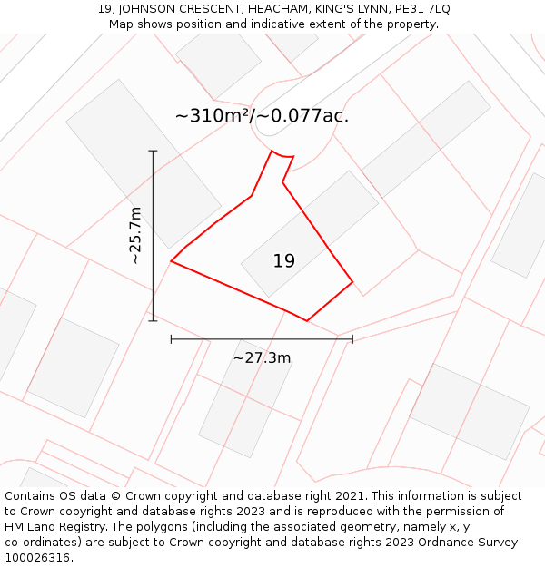 19, JOHNSON CRESCENT, HEACHAM, KING'S LYNN, PE31 7LQ: Plot and title map