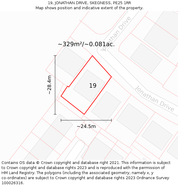 19, JONATHAN DRIVE, SKEGNESS, PE25 1RR: Plot and title map