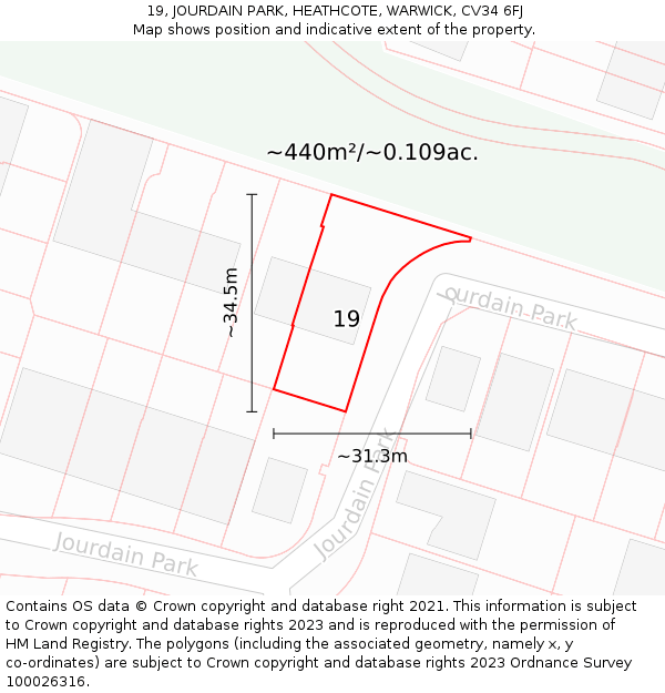 19, JOURDAIN PARK, HEATHCOTE, WARWICK, CV34 6FJ: Plot and title map