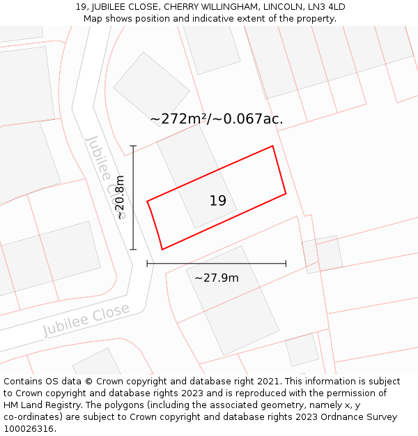 19, JUBILEE CLOSE, CHERRY WILLINGHAM, LINCOLN, LN3 4LD: Plot and title map