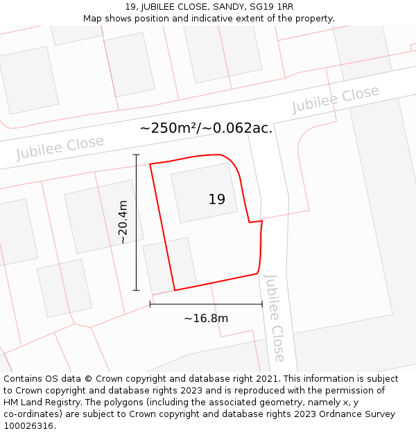 19, JUBILEE CLOSE, SANDY, SG19 1RR: Plot and title map