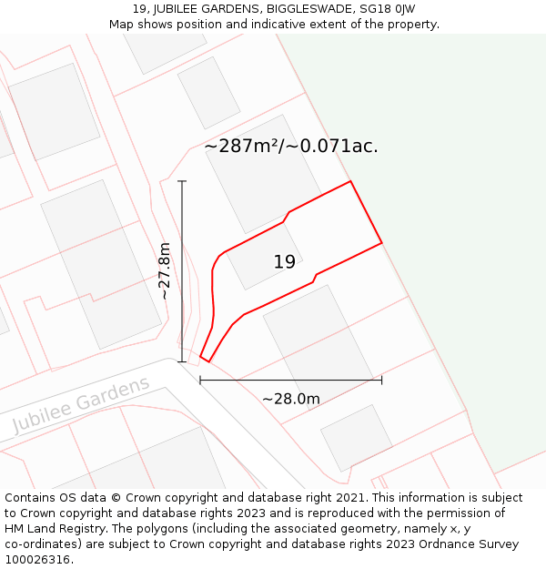 19, JUBILEE GARDENS, BIGGLESWADE, SG18 0JW: Plot and title map