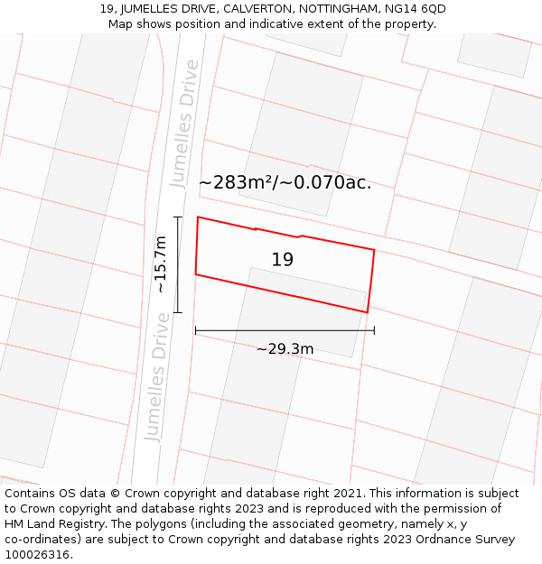 19, JUMELLES DRIVE, CALVERTON, NOTTINGHAM, NG14 6QD: Plot and title map