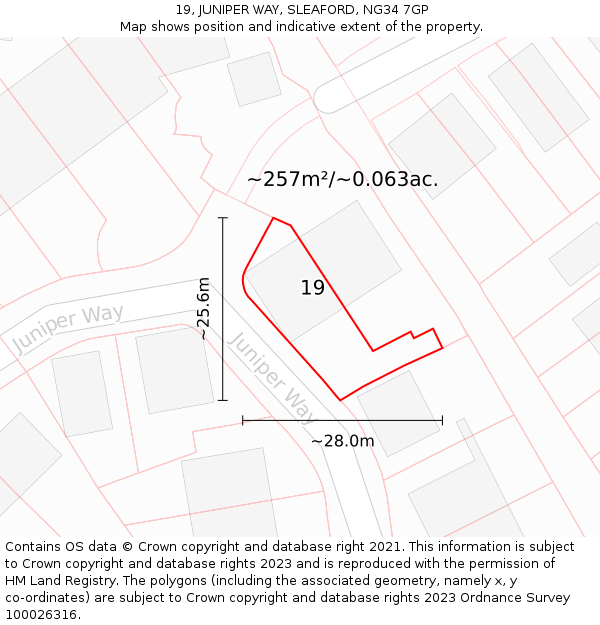 19, JUNIPER WAY, SLEAFORD, NG34 7GP: Plot and title map