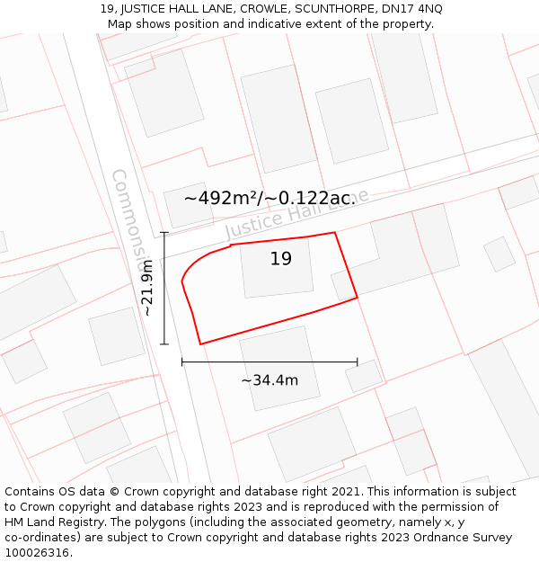 19, JUSTICE HALL LANE, CROWLE, SCUNTHORPE, DN17 4NQ: Plot and title map
