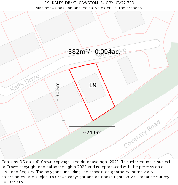 19, KALFS DRIVE, CAWSTON, RUGBY, CV22 7FD: Plot and title map