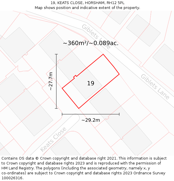 19, KEATS CLOSE, HORSHAM, RH12 5PL: Plot and title map