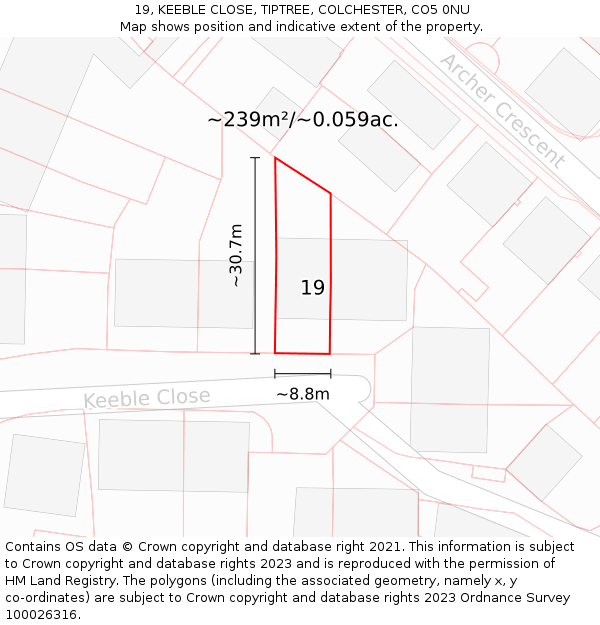 19, KEEBLE CLOSE, TIPTREE, COLCHESTER, CO5 0NU: Plot and title map