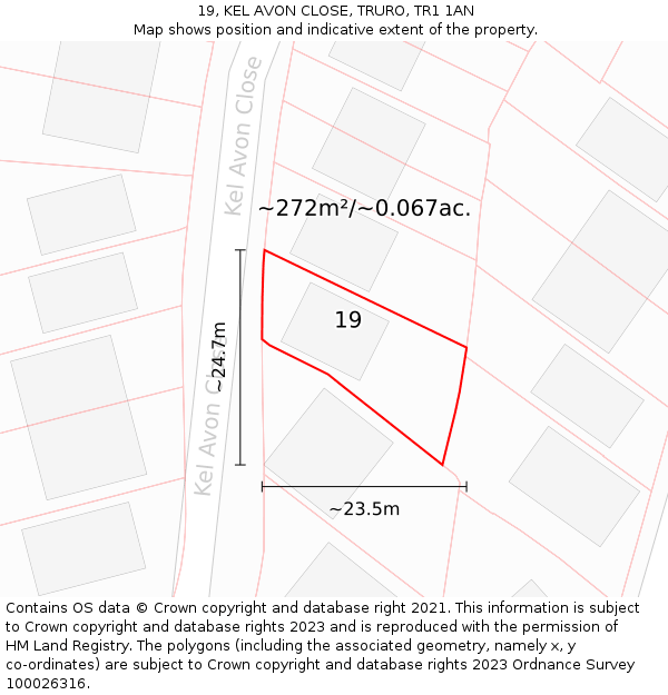 19, KEL AVON CLOSE, TRURO, TR1 1AN: Plot and title map