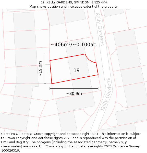19, KELLY GARDENS, SWINDON, SN25 4YH: Plot and title map