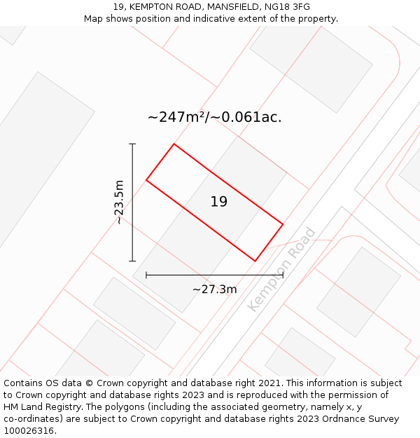 19, KEMPTON ROAD, MANSFIELD, NG18 3FG: Plot and title map