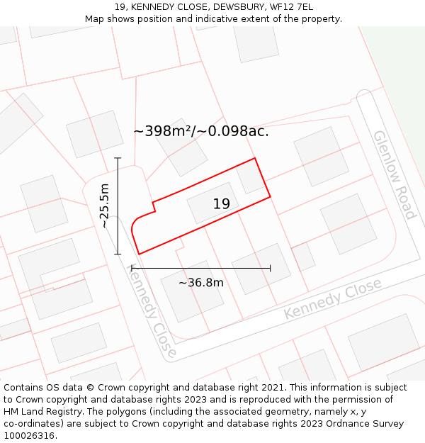 19, KENNEDY CLOSE, DEWSBURY, WF12 7EL: Plot and title map