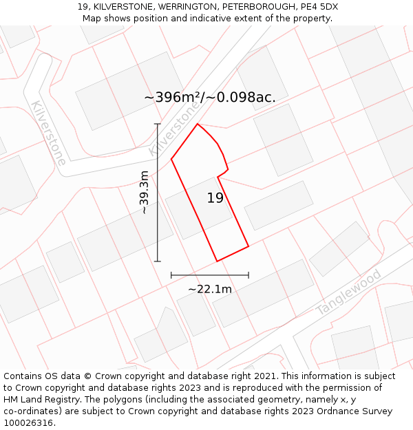 19, KILVERSTONE, WERRINGTON, PETERBOROUGH, PE4 5DX: Plot and title map