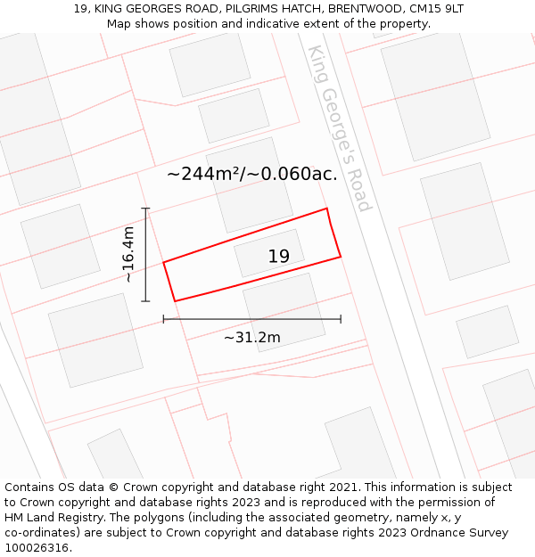 19, KING GEORGES ROAD, PILGRIMS HATCH, BRENTWOOD, CM15 9LT: Plot and title map