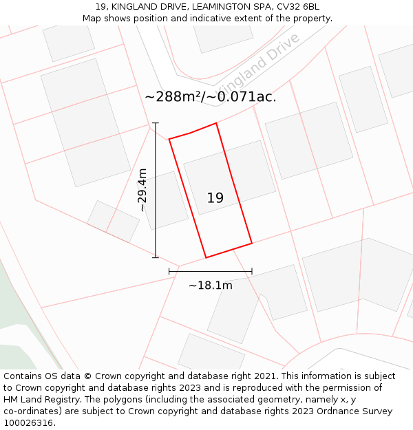 19, KINGLAND DRIVE, LEAMINGTON SPA, CV32 6BL: Plot and title map