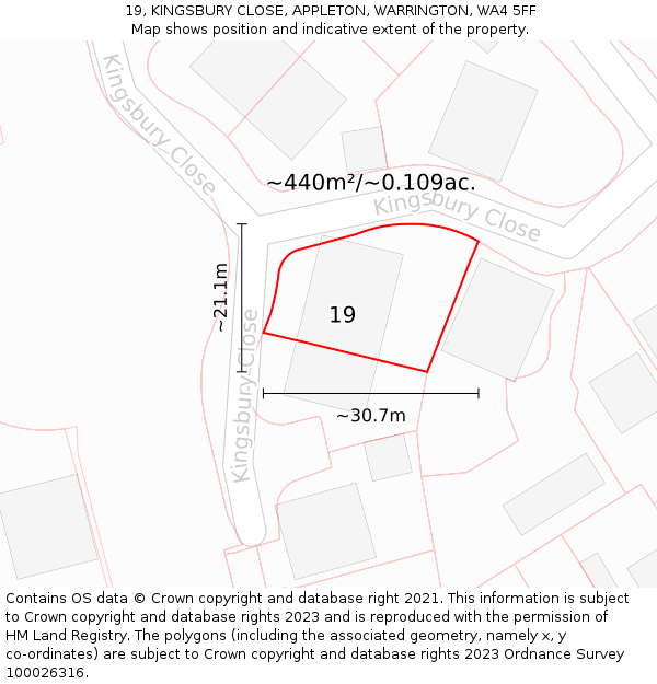 19, KINGSBURY CLOSE, APPLETON, WARRINGTON, WA4 5FF: Plot and title map