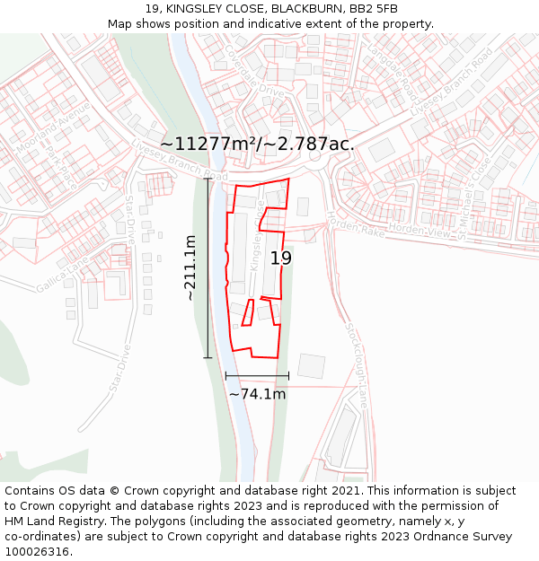19, KINGSLEY CLOSE, BLACKBURN, BB2 5FB: Plot and title map