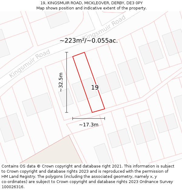 19, KINGSMUIR ROAD, MICKLEOVER, DERBY, DE3 0PY: Plot and title map