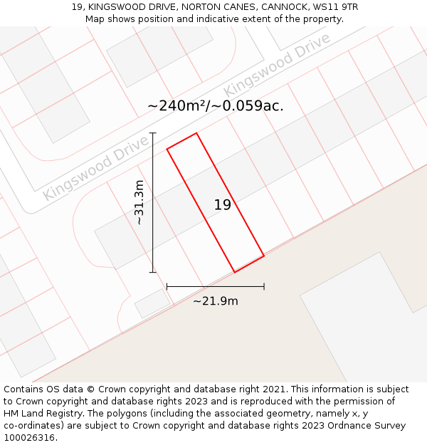 19, KINGSWOOD DRIVE, NORTON CANES, CANNOCK, WS11 9TR: Plot and title map
