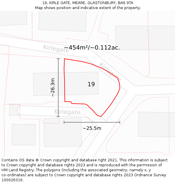 19, KIRLE GATE, MEARE, GLASTONBURY, BA6 9TA: Plot and title map