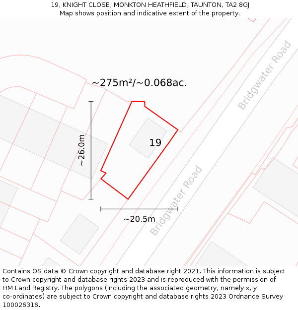 19, KNIGHT CLOSE, MONKTON HEATHFIELD, TAUNTON, TA2 8GJ: Plot and title map