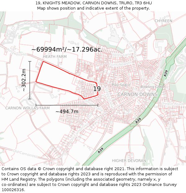 19, KNIGHTS MEADOW, CARNON DOWNS, TRURO, TR3 6HU: Plot and title map
