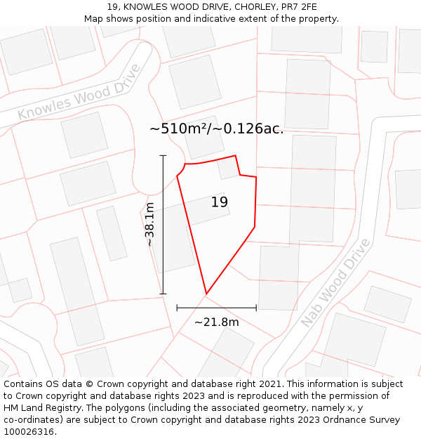 19, KNOWLES WOOD DRIVE, CHORLEY, PR7 2FE: Plot and title map