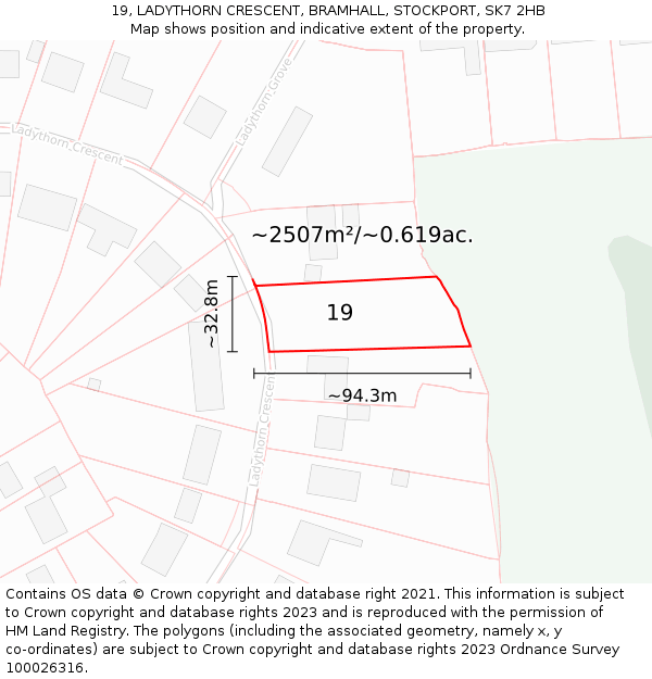 19, LADYTHORN CRESCENT, BRAMHALL, STOCKPORT, SK7 2HB: Plot and title map