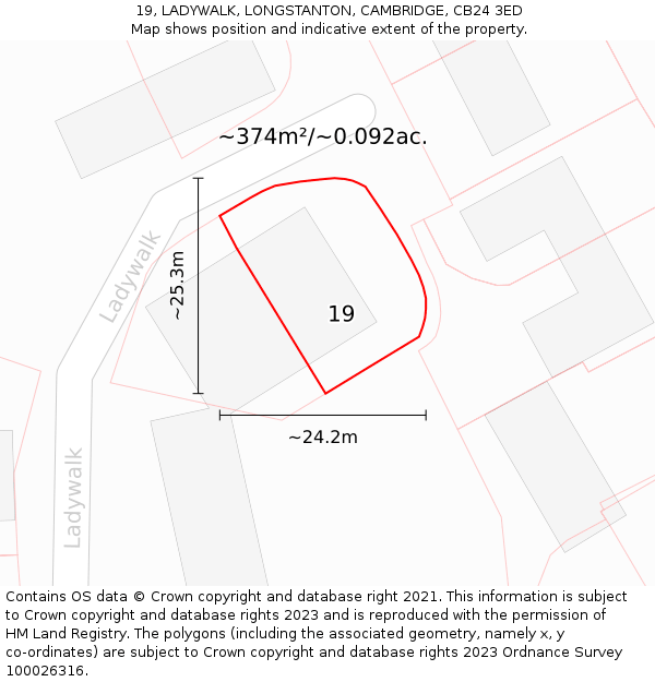 19, LADYWALK, LONGSTANTON, CAMBRIDGE, CB24 3ED: Plot and title map