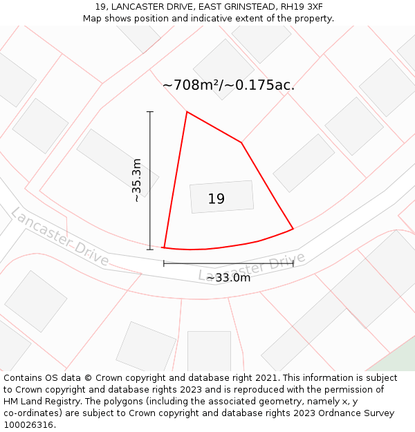 19, LANCASTER DRIVE, EAST GRINSTEAD, RH19 3XF: Plot and title map