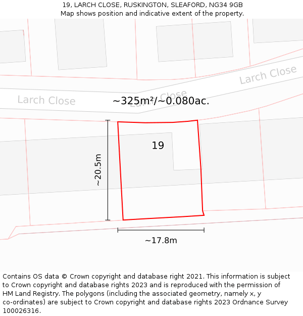 19, LARCH CLOSE, RUSKINGTON, SLEAFORD, NG34 9GB: Plot and title map