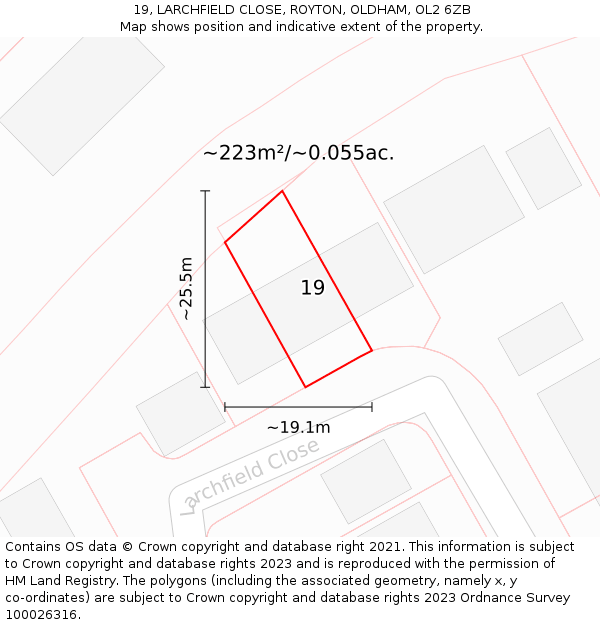 19, LARCHFIELD CLOSE, ROYTON, OLDHAM, OL2 6ZB: Plot and title map