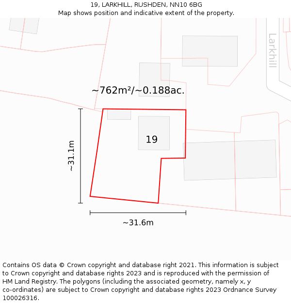 19, LARKHILL, RUSHDEN, NN10 6BG: Plot and title map