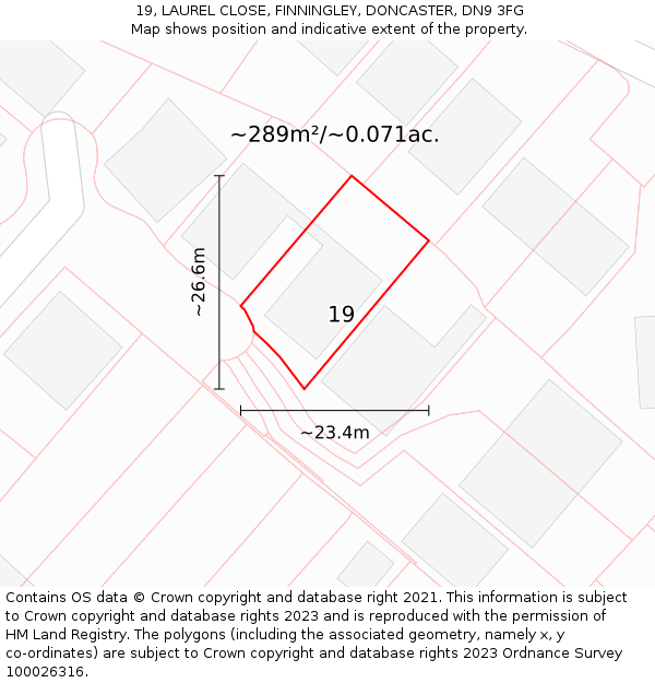 19, LAUREL CLOSE, FINNINGLEY, DONCASTER, DN9 3FG: Plot and title map