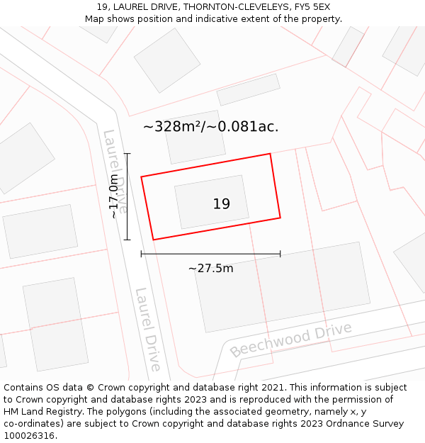 19, LAUREL DRIVE, THORNTON-CLEVELEYS, FY5 5EX: Plot and title map