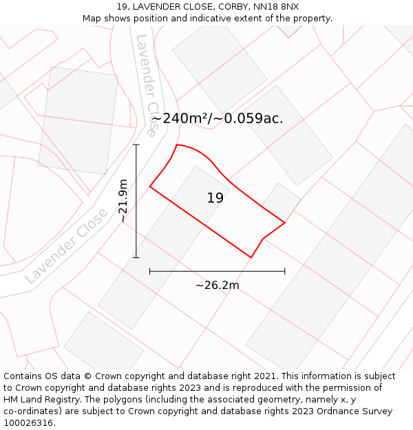 19, LAVENDER CLOSE, CORBY, NN18 8NX: Plot and title map