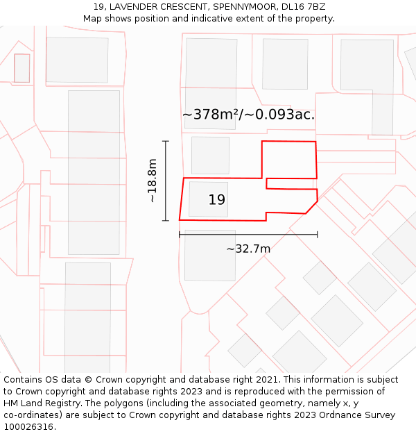 19, LAVENDER CRESCENT, SPENNYMOOR, DL16 7BZ: Plot and title map