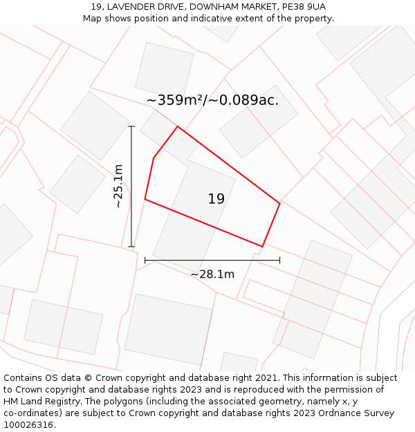 19, LAVENDER DRIVE, DOWNHAM MARKET, PE38 9UA: Plot and title map