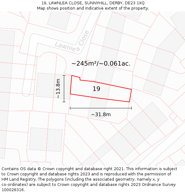 19, LAWNLEA CLOSE, SUNNYHILL, DERBY, DE23 1XQ: Plot and title map