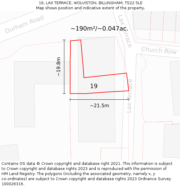 19, LAX TERRACE, WOLVISTON, BILLINGHAM, TS22 5LE: Plot and title map