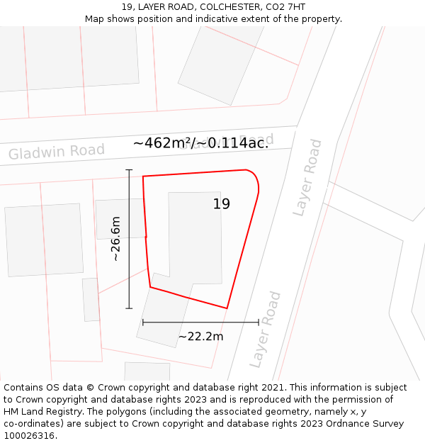 19, LAYER ROAD, COLCHESTER, CO2 7HT: Plot and title map