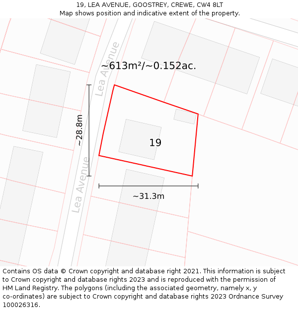 19, LEA AVENUE, GOOSTREY, CREWE, CW4 8LT: Plot and title map