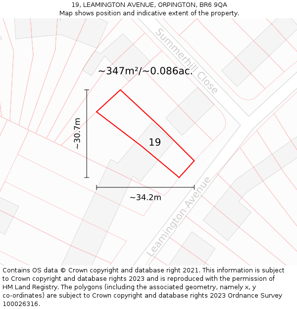 19, LEAMINGTON AVENUE, ORPINGTON, BR6 9QA: Plot and title map