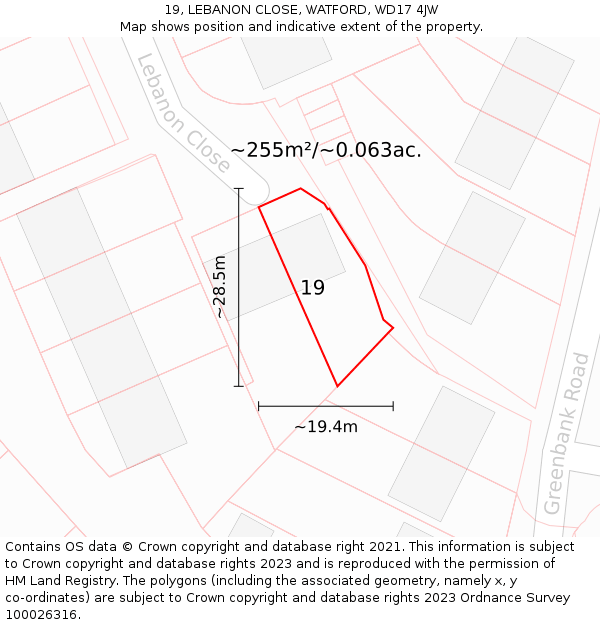 19, LEBANON CLOSE, WATFORD, WD17 4JW: Plot and title map