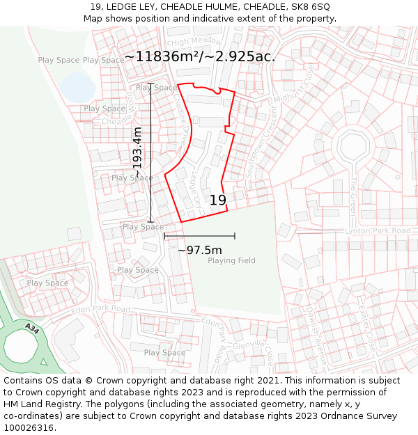 19, LEDGE LEY, CHEADLE HULME, CHEADLE, SK8 6SQ: Plot and title map