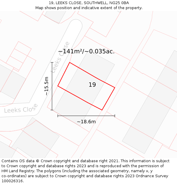 19, LEEKS CLOSE, SOUTHWELL, NG25 0BA: Plot and title map