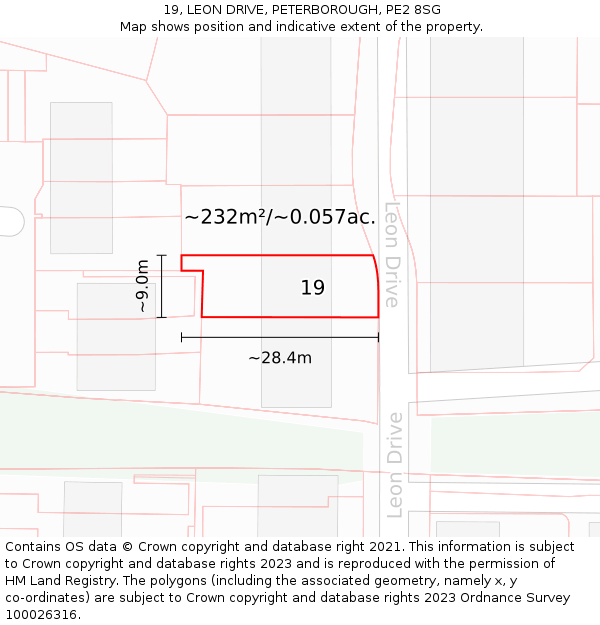 19, LEON DRIVE, PETERBOROUGH, PE2 8SG: Plot and title map