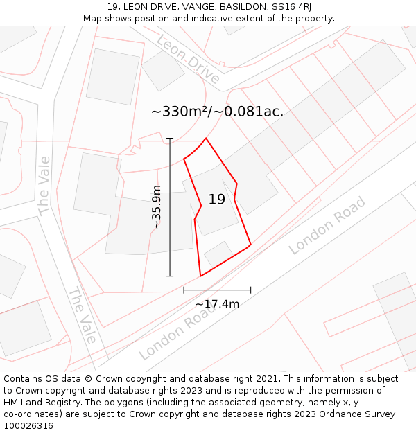 19, LEON DRIVE, VANGE, BASILDON, SS16 4RJ: Plot and title map
