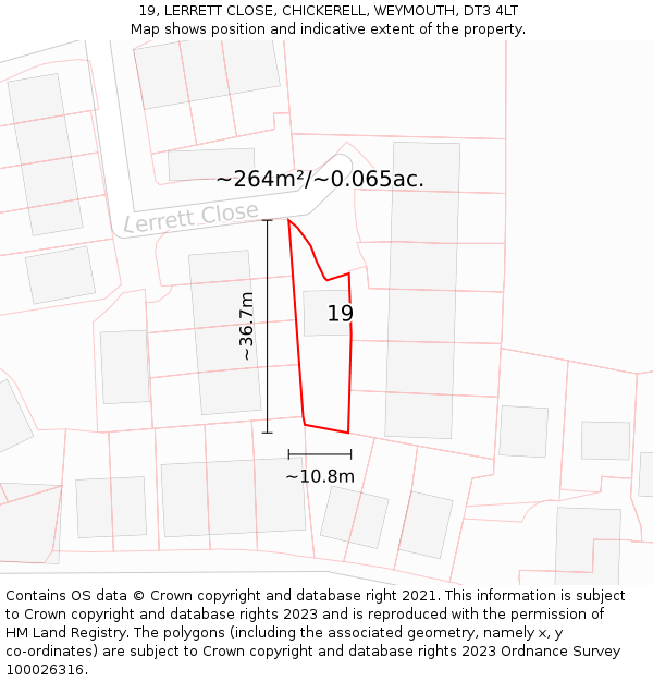 19, LERRETT CLOSE, CHICKERELL, WEYMOUTH, DT3 4LT: Plot and title map